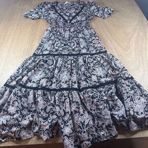 BB Dakota Steve Madden Boho Paisley Tiered Midi Dress Black Pink Sz Small